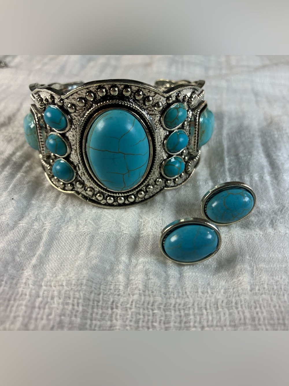 Turquoise Stone Silver-Tone Statement Bracelet - Blue